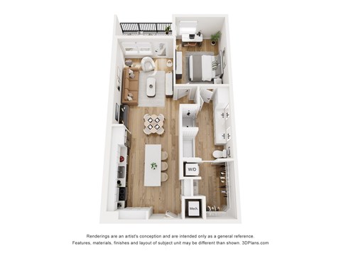 Floor plan for 1 bed, 1 bath, 862 sqft
